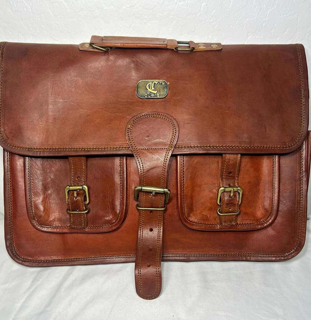 Cuero Genuine Leather Briefcase Messenger Laptop Bag Satchel Brown w/ Strap
